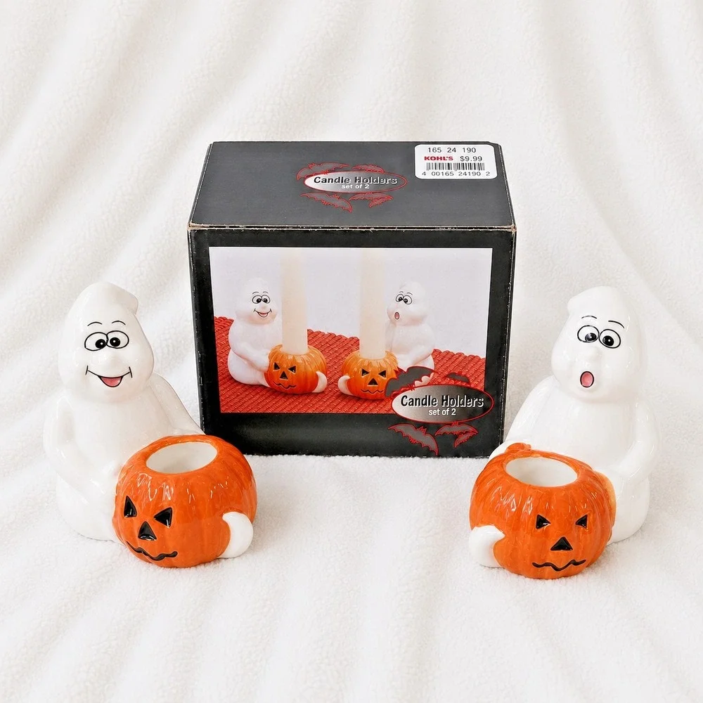Vintage Halloween Ceramic Ghost Pumpkin Taper Candle Holders Set of 2 Decor